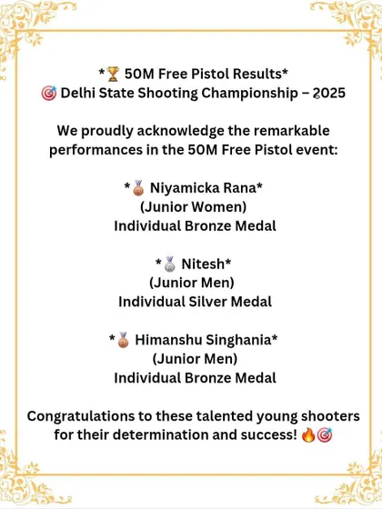Acknowledging the medal winners in the 50M Free Pistol event at the Delhi State Shooting Championship. We train shooters to excel in a variety of pistol disciplines.