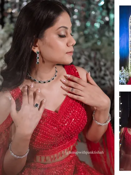 Another angle of the red Sangeet look, showing how the soft glam makeup complements her emerald jewelry. The focus is on enhancing her features with light, refined strokes.