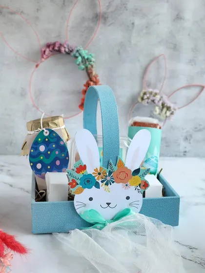 This adorable Easter basket with a bunny cutout is filled with jars of our handmade goodies, a perfect gift for kids and adults alike.