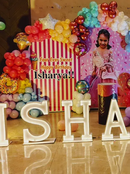 Another angle of the 'Aisharya Candyland' setup, showing the custom printed backdrops and life-size cutout of the birthday girl. I can incorporate personal photos directly into the decor.