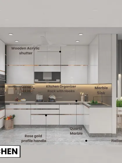 An annotated image detailing the materials and features of a modern kitchen. It highlights the wooden acrylic shutters, quartz marble countertops, and rose gold profile handles that define this sleek design.