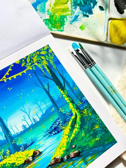 Welcome to the wonderland! A close-up of my magical forest painting, showing the details of the brushes and gouache paints.