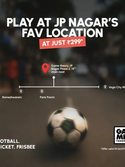 Find us easily in JP Nagar. This graphic shows our convenient location, perfect for a game of football, cricket, or frisbee. Play at your favorite spot for an affordable price.
