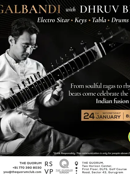 The initial poster for my fusion Jugalbandi concert at Quorum, detailing the blend of electro-sitar, keys, tabla, and more.