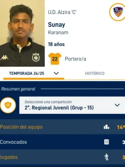 A screenshot of our goalkeeper Sunay's official player registration with the Spanish side U.D. Alzira 'C', marking his entry into European football.