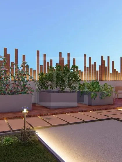 This render highlights the use of planters and a wooden deck in the Gurgaon project, creating a clean and organized garden space.