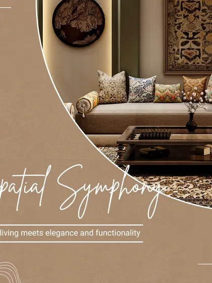 This living room is a spatial symphony, blending traditional Indian motifs in the cushions and rug with modern furniture. It's a beautiful fusion of elegance and functionality.