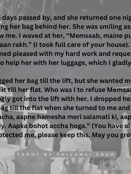 A watchman's story of an air hostess who died in a plane crash but appeared to him one last time to give him a blessed 10 rupee note that brought him prosperity.
