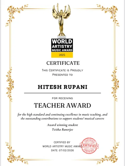 We are incredibly proud that our founder, Hitesh Rupani, received the Teacher Award from the World Artistry Music Awards for excellence in music teaching. This recognizes our commitment to supporting students' musical careers and helping them achieve award-winning results.
