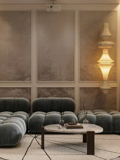 This render shows a media room concept with plush, modular seating and a dramatic floor lamp. The textured wall panels and soft lighting create an intimate and moody atmosphere for watching films.