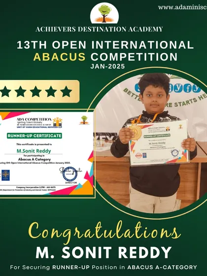 Congratulations to M. Sonit Reddy from Kurnool for his runner-up position. We are proud of his dedication and achievement.