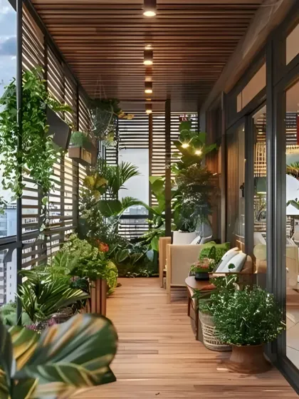 A long balcony transformed into a green corridor. I used wooden decking, slatted screens, and an abundance of plants to create a private and refreshing outdoor lounge area.