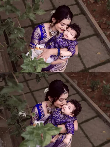 A diptych showing a mother's tender moments with her baby boy. Dressed in matching blue traditional outfits, these overhead shots capture the loving bond between them.