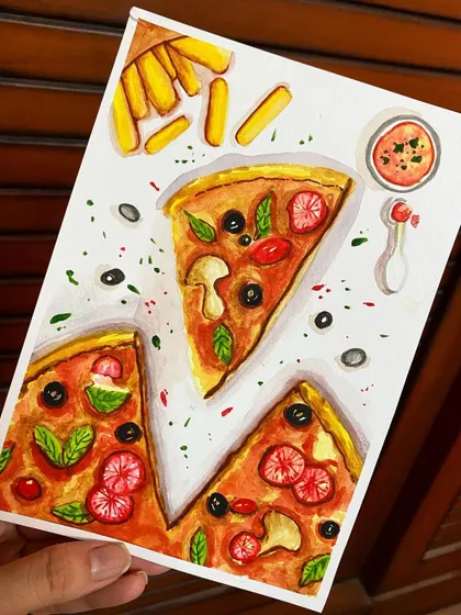 I created this pizza illustration during a fun watercolor workshop. It was a great chance to practice new techniques for layering colors and creating food textures with a new medium.