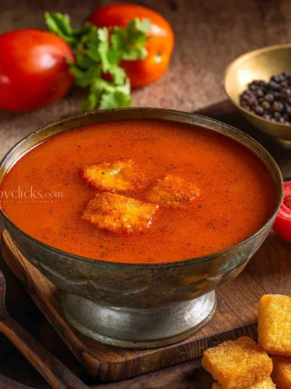 A rustic bowl of tomato soup with croutons, styled with fresh tomatoes and black peppercorns on a wooden board.