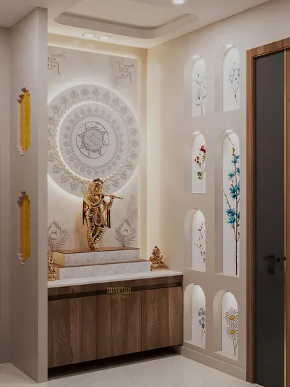 A second 3D design option for the same Mandir. This version features a simpler, elegant back panel with a "Mandala" design, offering a more contemporary and minimalist yet equally spiritual feel.