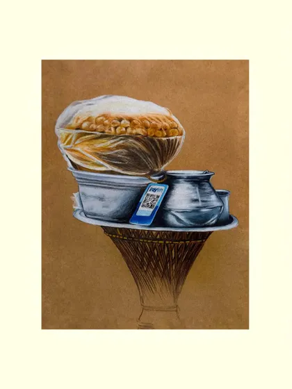 This colored pencil drawing captures a familiar sight: a Golgappa stall. I love finding art in everyday moments, and this piece, rendered on brown paper to enhance the textures, is a tribute to the simple joys and vibrant street culture of India.