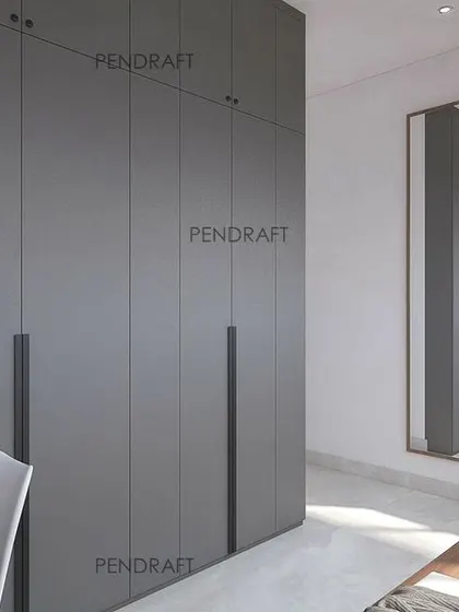 Our proposed design to convert the terrace into a bedroom. We planned for sleek grey wardrobes and a compact study area to maximize the small space.