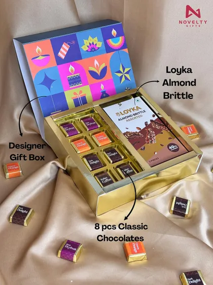 A perfect blend of traditional and modern. This designer gift box contains classic assorted chocolates and delicious Loyka Almond Brittle, making it a festive treat for everyone.