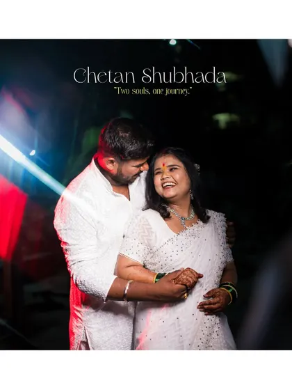 A happy, posed portrait of the couple, framed with their names. This style of photo is great for announcements and captures the joy of their "two souls, one journey" story.
