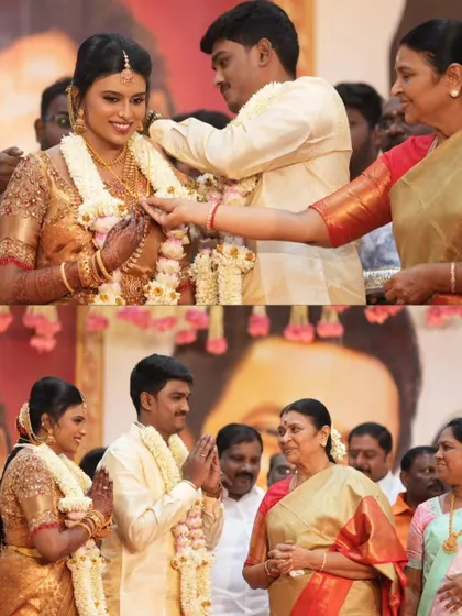 A special moment for this bride, blessed by family. Her gold tissue silk saree is draped to look elegant and feel comfortable during these important wedding rituals.