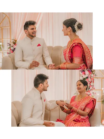 A diptych capturing a sweet conversation between the couple on a sofa during their engagement ceremony, full of smiles and anticipation.