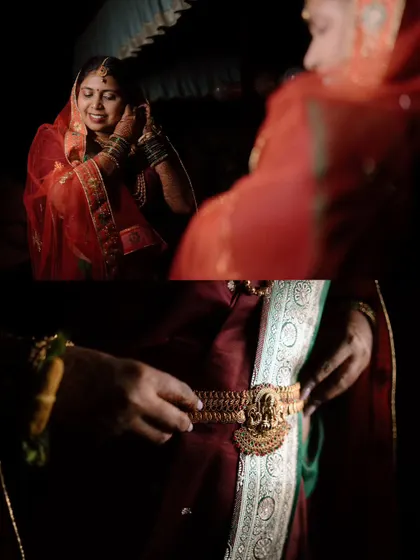 A collage focusing on the bride's getting ready process, highlighting the details of her jewelry and traditional attire.