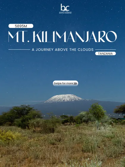 A stunning view of Mt. Kilimanjaro at night, rising above the Tanzanian savannah. This graphic introduces our journey to the 5,895m peak, a true adventure above the clouds.