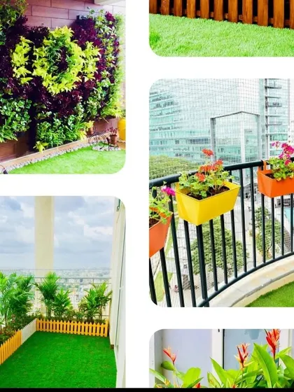 Inspiration for your outdoor space. This image collection features a heart-shaped vertical garden, a balcony with a mini-lawn, and colorful railing planters, showcasing creative ways to add greenery.