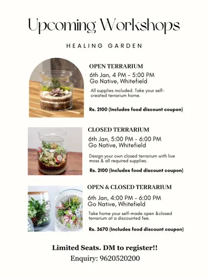 Another flyer for our January terrarium workshops, with options for open, closed, or a combined session. A great way to learn a new skill in the new year.