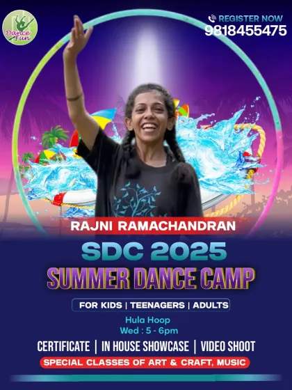 This poster provides the schedule for our Hula Hoop classes at the Summer Dance Camp, open to kids, teens, and adults.