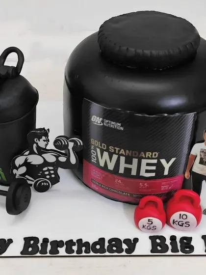A different angle of the 3D whey protein cake, showing the detailed sculpting and realistic finish. This is a great example of a cake that looks like a real object, perfect for a surprise birthday.