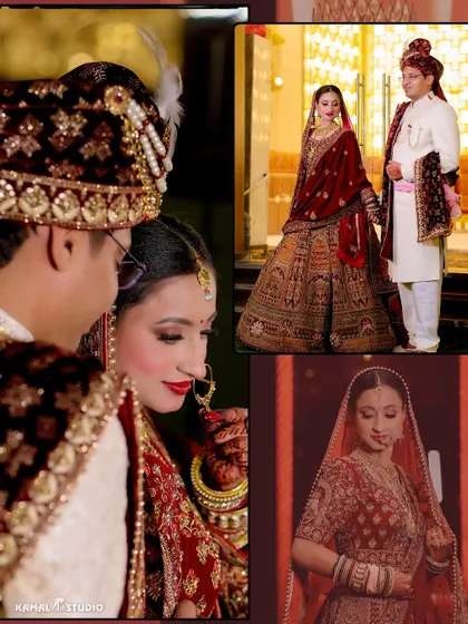 A collage of the bride's portraits, blending close-ups with full-length shots to showcase her complete look.