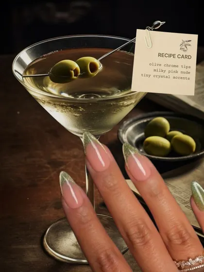 A dirty martini, but for your nails. This design features olive chrome tips on a milky pink nude base, with tiny crystal accents for a touch of class.