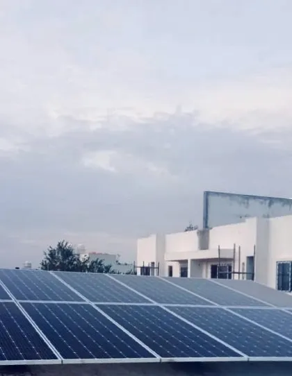 A newly completed project in Yelahanka, with the solar panels reflecting the evening sky. We focus on clean lines and a professional finish for every residential installation.