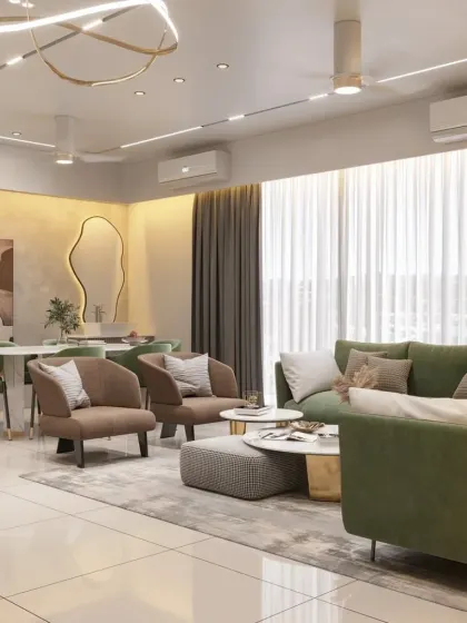 An open-plan living and dining area designed for modern living. The color palette of green, brown, and white creates a harmonious flow between the different zones, while unique lighting fixtures add a touch of personality.