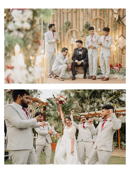 The groom sharing a laugh with his groomsmen, and the bride celebrating with them. These photos capture the fun and camaraderie that are such an important part of the wedding day.