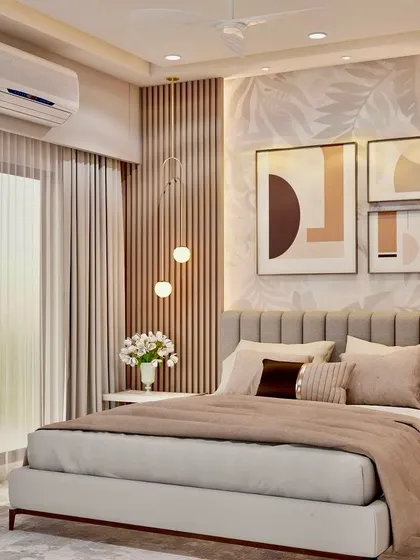 A shot focusing on the bed and the beautiful accent wall, highlighting the abstract art and ambient lighting.