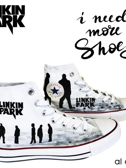 For a Linkin Park fan, I painted the iconic album art silhouette onto a pair of white Converse high-tops. Each pair is painted with premium leather paints and sealed with a finisher for protection.