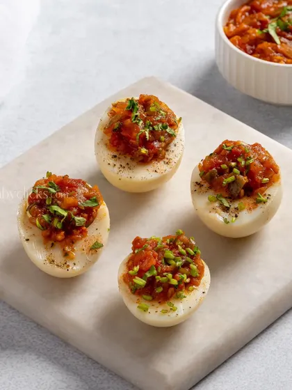 Deviled eggs with a savory stuffing, a classic party appetizer.