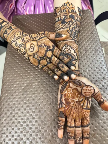 For my fav girl Kinjal. We included a 'Save the Date' element and a portrait of the couple, making her engagement mehendi extra special.