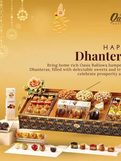 Happy Dhanteras. This image displays a grand festive tray, filled with our delectable sweets, dry fruits, and honey, to help you celebrate prosperity and joy.