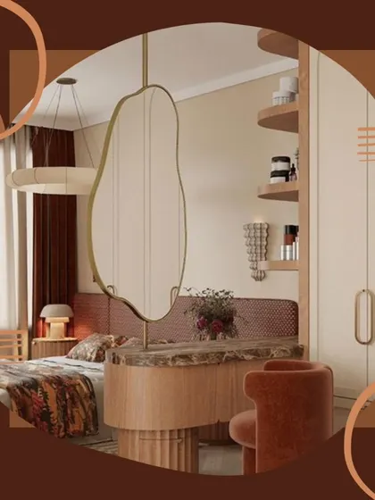 Another perspective of our earthy-toned bedroom concept, focusing on the unique, free-form hanging mirror and curved vanity.