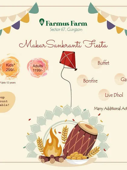 Pricing and activity details for the Makar Sankranti event, including a buffet, bonfire, and live dhol.