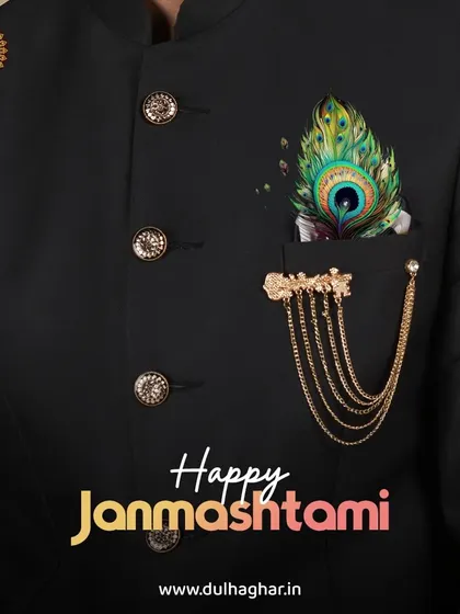A close-up of a black Bandhgala jacket, featuring a peacock feather pocket square and a gold brooch, showcasing our accessory options.