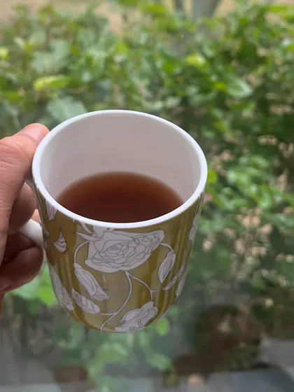 My morning cup of herbal tea. Starting the day with a non-caffeinated drink supports the liver's natural detoxification process and helps avoid the afternoon energy crash.