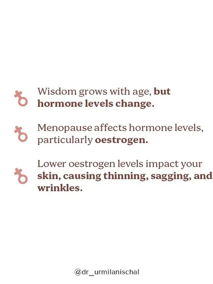 As we age, hormone levels change, particularly oestrogen during menopause. I explain how lower oestrogen directly impacts the skin, causing it to become thinner, sag, and develop wrinkles.