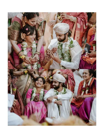 A collage of candid moments between the bride and groom during their wedding ceremony, full of smiles and loving glances.