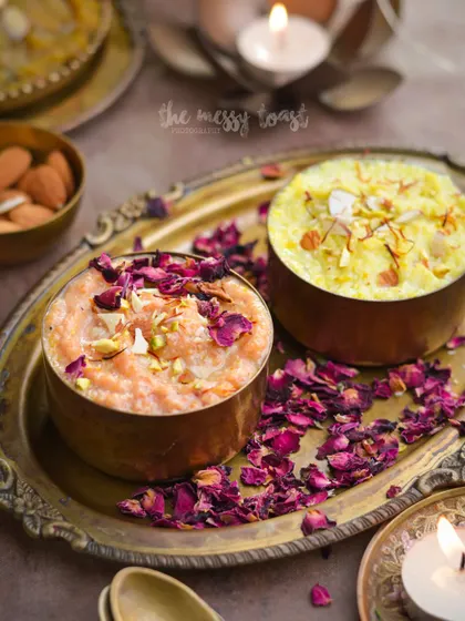 A duo of Indian desserts, kheer and payasam, garnished with rose petals, signaling the start of the festive season photo shoots.