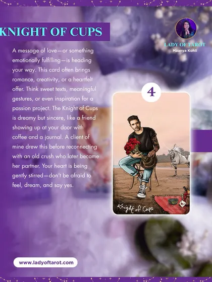 The Knight of Cups brings a message of love or something emotionally fulfilling. This card often signals romance, creativity, or a heartfelt offer. Don't be afraid to feel, dream, and say yes.
